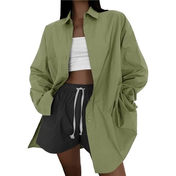 WOMEN'S Shirt Long Sleeve Blouse Loose Fit V Neck, Army Green